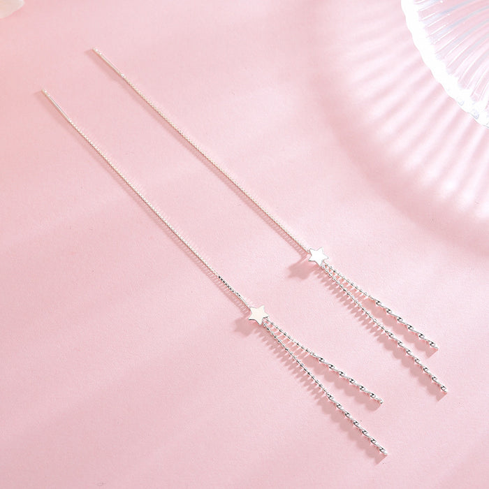 Long Drop Little Stars Silver Earrings
