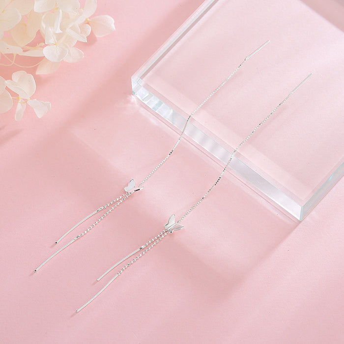 Silver Butterfly Long Drop Earrings