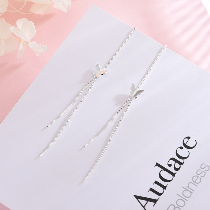 Silver Butterfly Long Drop Earrings
