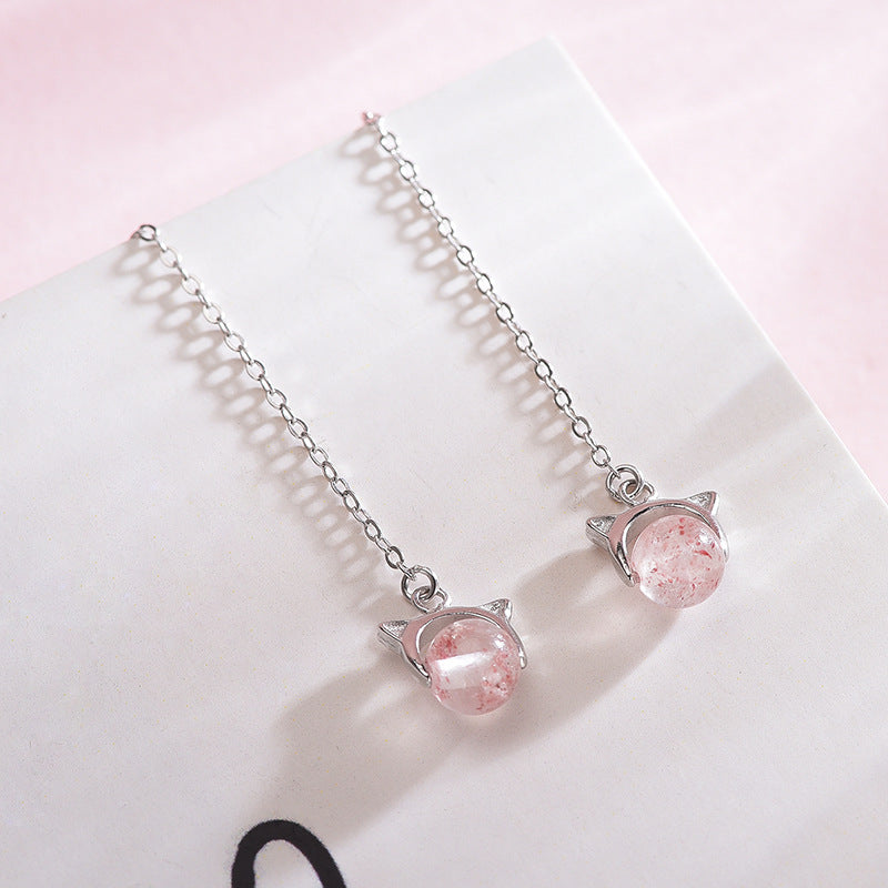 Kitten Crystal Long Drop Earrings