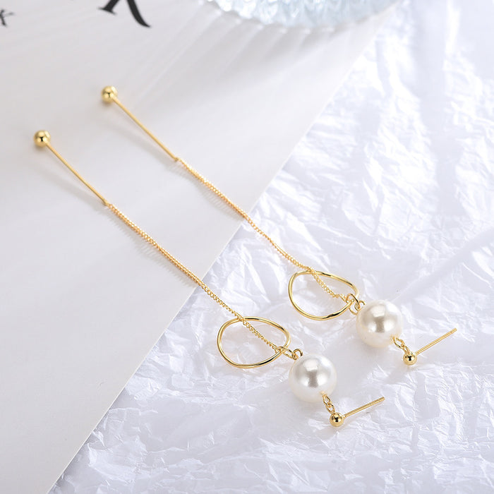 Minimalist Long Drop Pearl Earrings