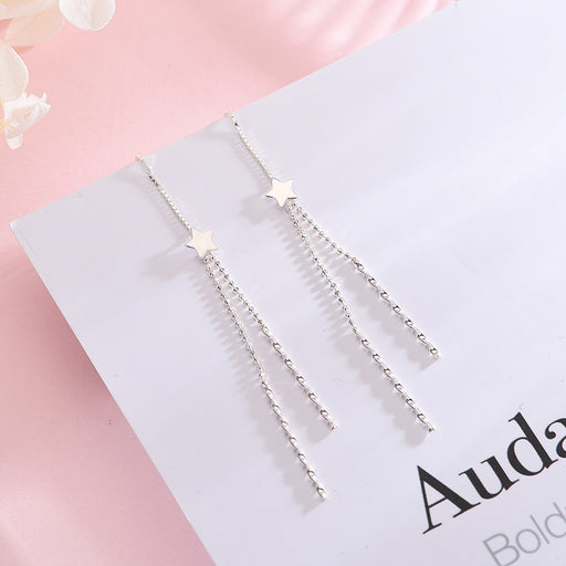 Long Drop Little Stars Silver Earrings