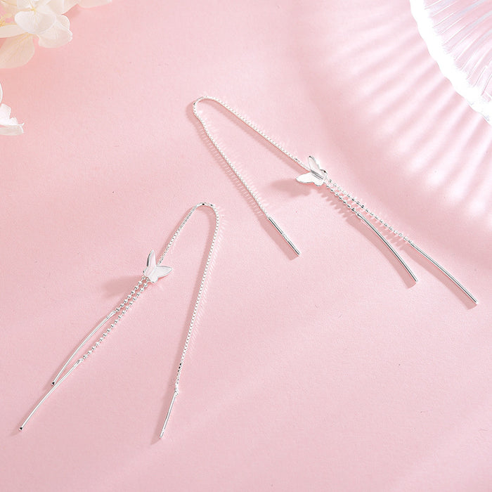 Silver Butterfly Long Drop Earrings