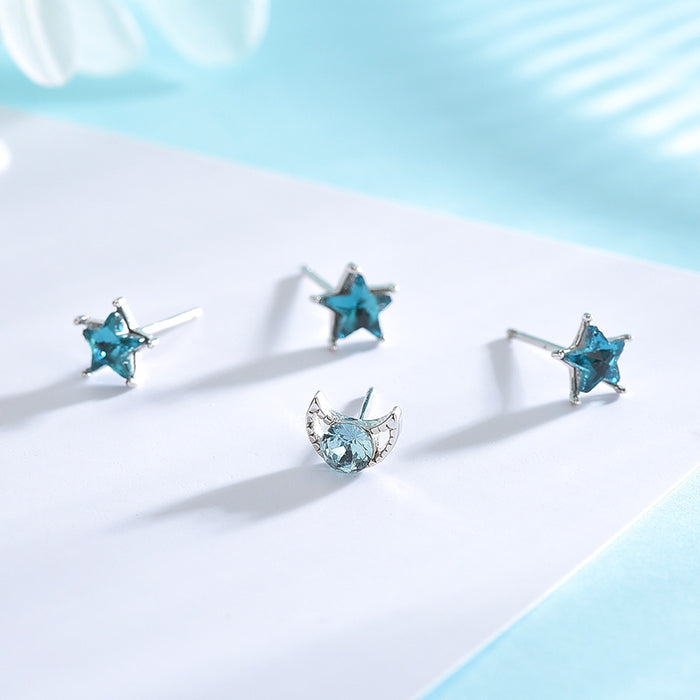 Blue Diamond Star & Moon Earrings