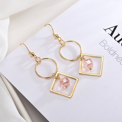 Gold Asymmetric Pink Gem Earrings