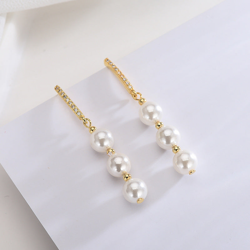 Long Drop Gold Pearl Earrings