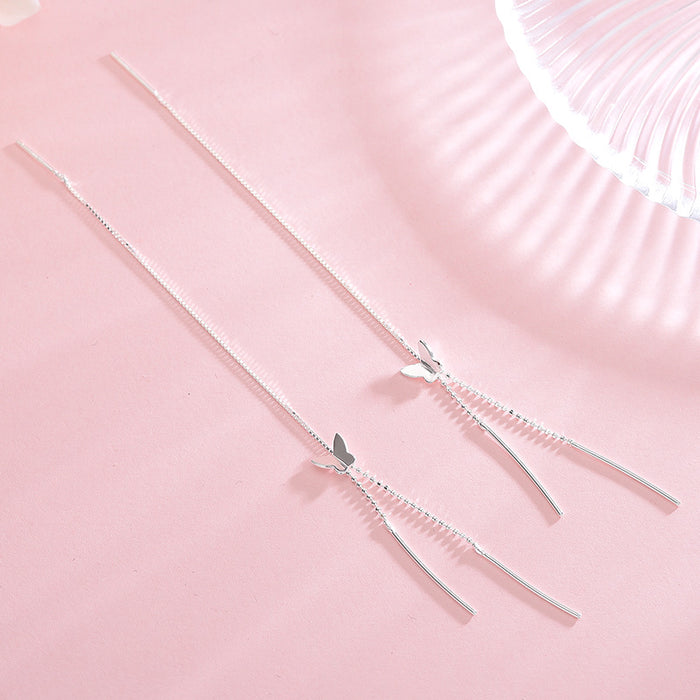Silver Butterfly Long Drop Earrings